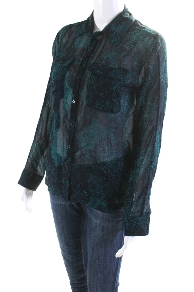 Blusa transparente verde con botones manga larga cuello Tahari para mujer talla XS Foto 2 de 4