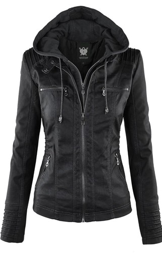 LOCK & LOVE Women's Removable Hooded Faux Leather Jacket Moto Biker Large NWT