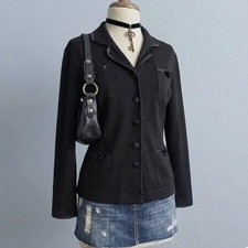 Black Blazer Button Front Jacket Satin Bow Trim Blazer Medium Office