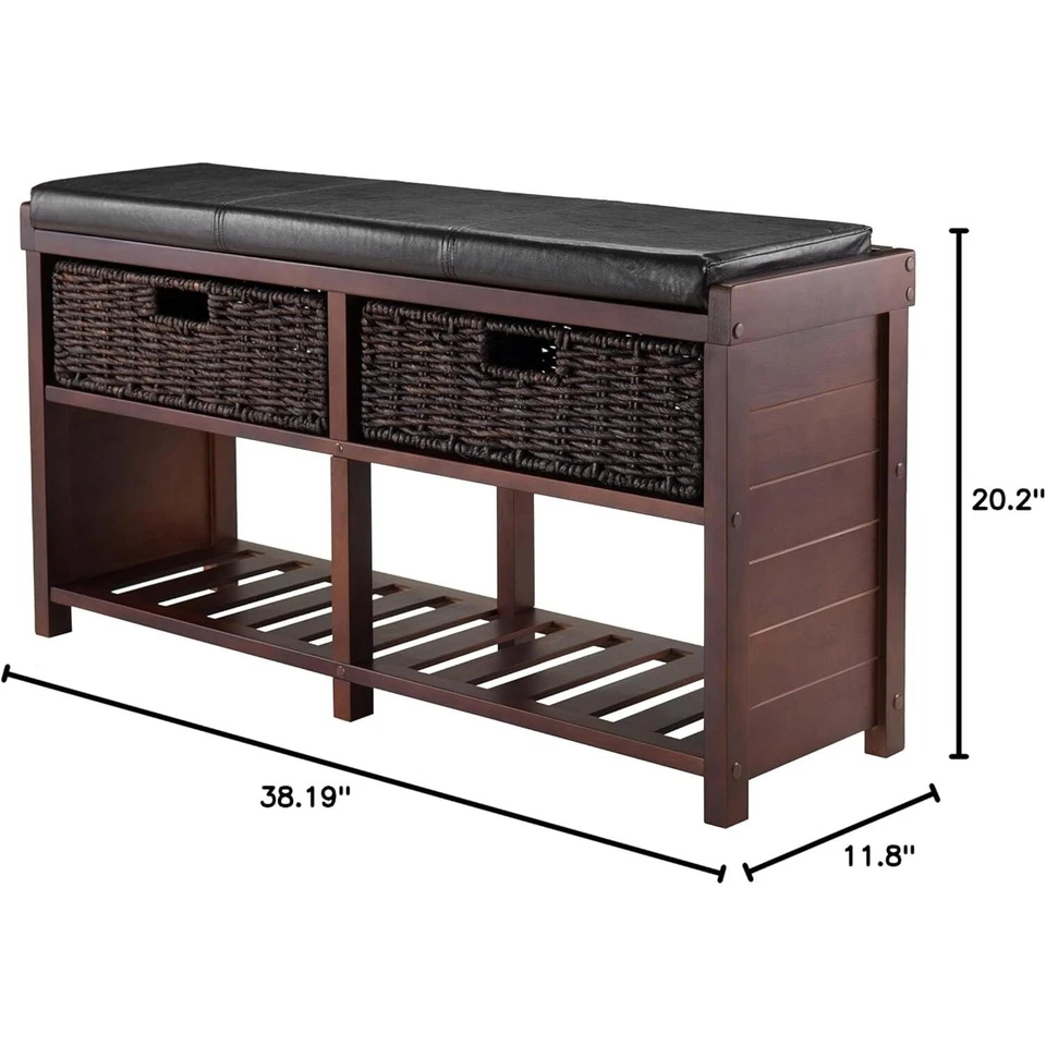 Winsome Colin Storage Bench with Seat Cushion and 2 Foldable Corn Husk Baskets,  - Image 4 of 4
