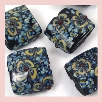 4 Handmade Lampwork Glass Square Beads 20mm - Turquoise Blossoms - image 1 of 4