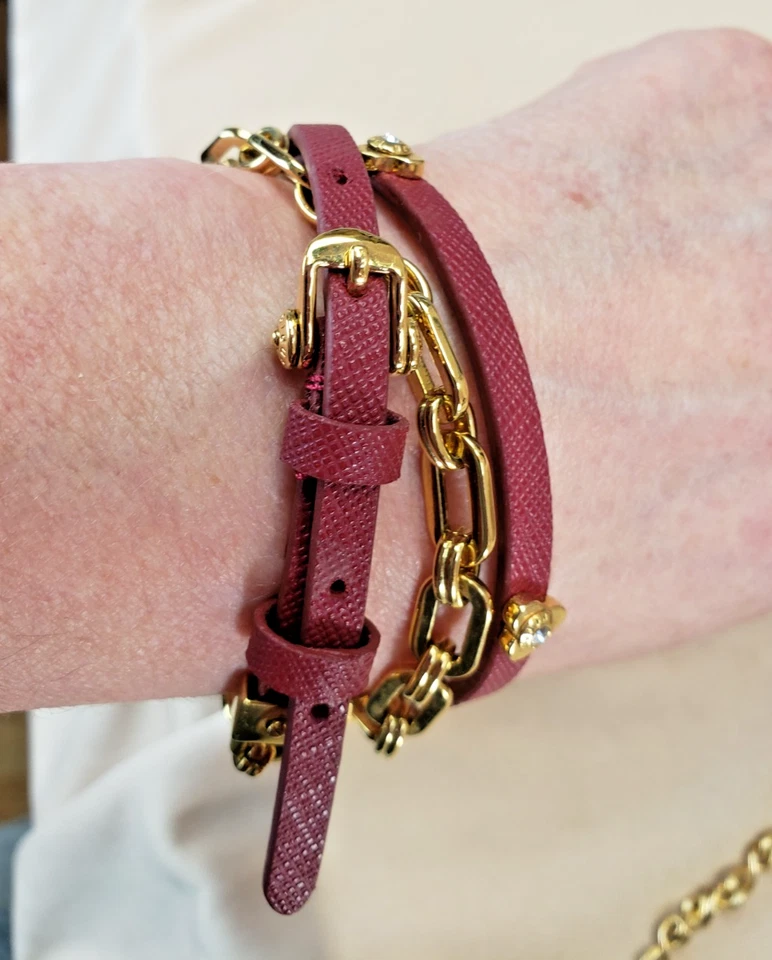 Pulsera Henri Bendel de Colección Chapada en Oro Borgoña Cadena y Envolvente de Cuero Foto 4 de 4