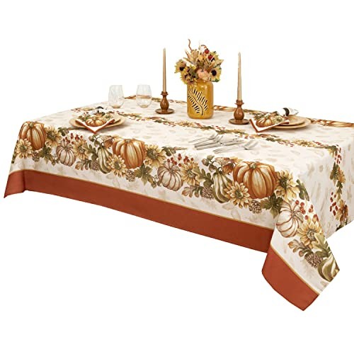 Brilliant Autumn Double Border Thanksgiving Fabric Tablecloth, Fall Harvest - Picture 2 of 7