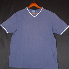 Polo Ralph Lauren V-Neck Shirt Mens L Blue Tipped Pique Cotton Pony Logo Tee