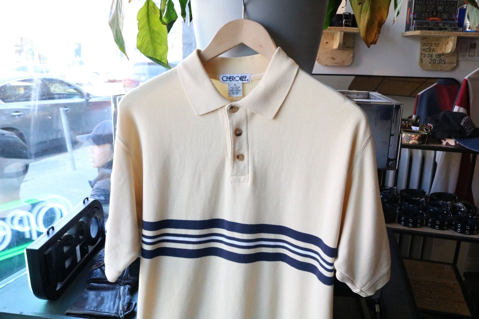 Cherokee Polo | Vintage 90s Cream Knit Stripe Rugby Style | Casual Preppy