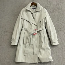 NEW Halston Women's M Gray Belted Trench Coat Polyester Zip Front Jacket