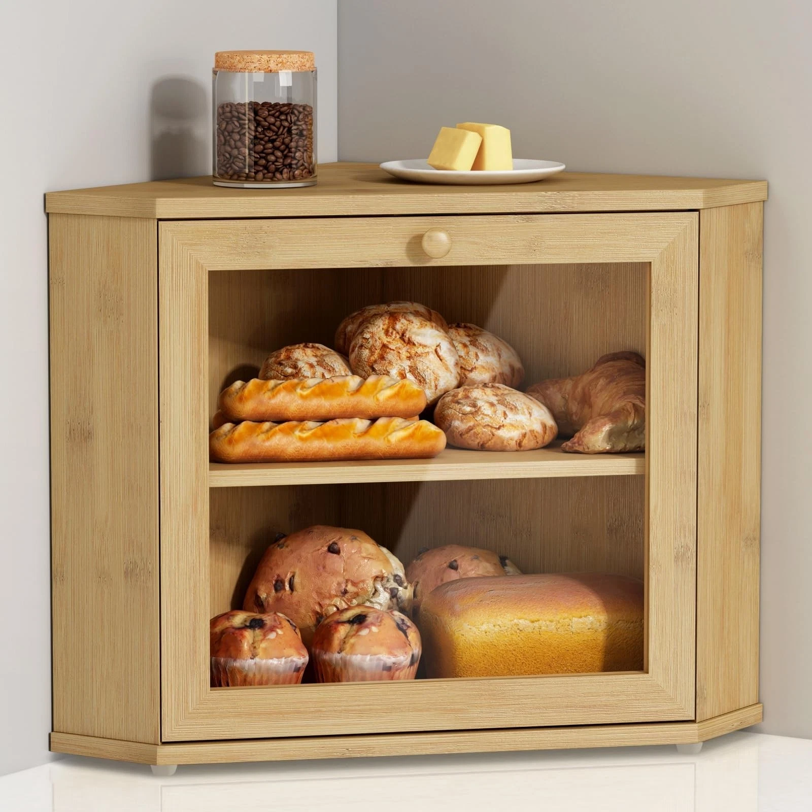 Goozii Bamboo Corner Bread Box for Kitchen Counter, 2 Tier Bread Keeper Woode...