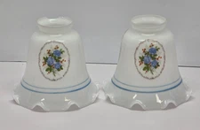 Set 2 Vintage Milk Glass Lamp Shades Blue Floral Ruffle Bell Light Fixture