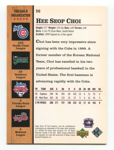 2001 SP Top Prospects Hee Seop Choi Signed Card Baseball Autographed AUTO #56 - Picture 2 of 2