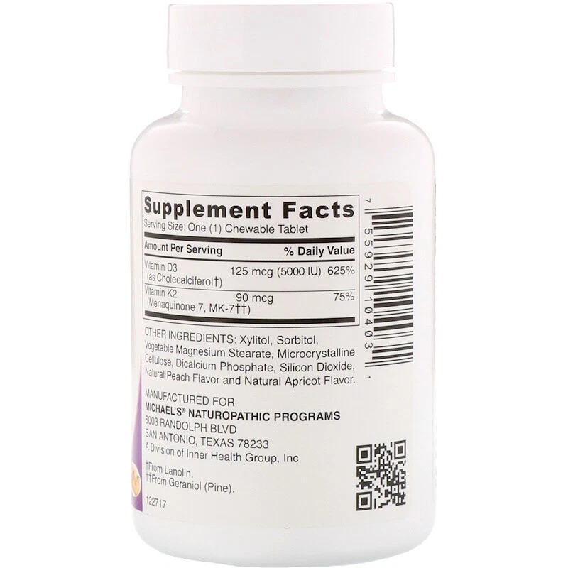 Michael's Vitamina D3 Naturopática Vitamina K2 Albaricoque Natural 5000 UI 90 Comprimidos Foto 2 de 2