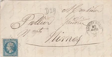 1863 LETTER 20 c No. 22 BAGNOLS SUR CEZE GARD 