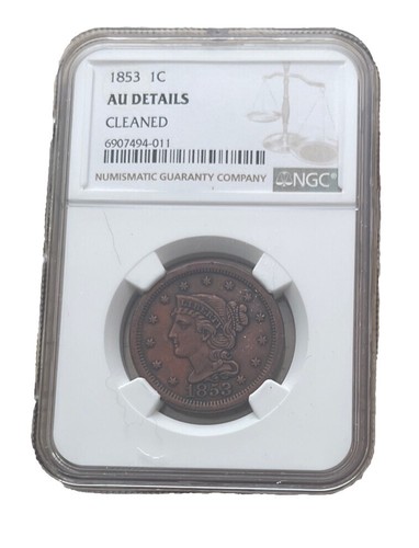 1855 .01 NGC AU 55BN KNOB EARS N-9 1800's Large Cent, Braided Hair