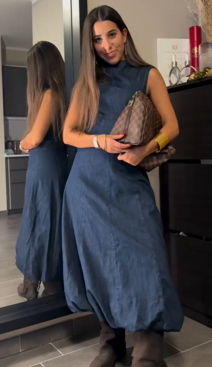 Zara Denim High Neck Balloon Hem Dress Dark Indigo Blue Size XS S