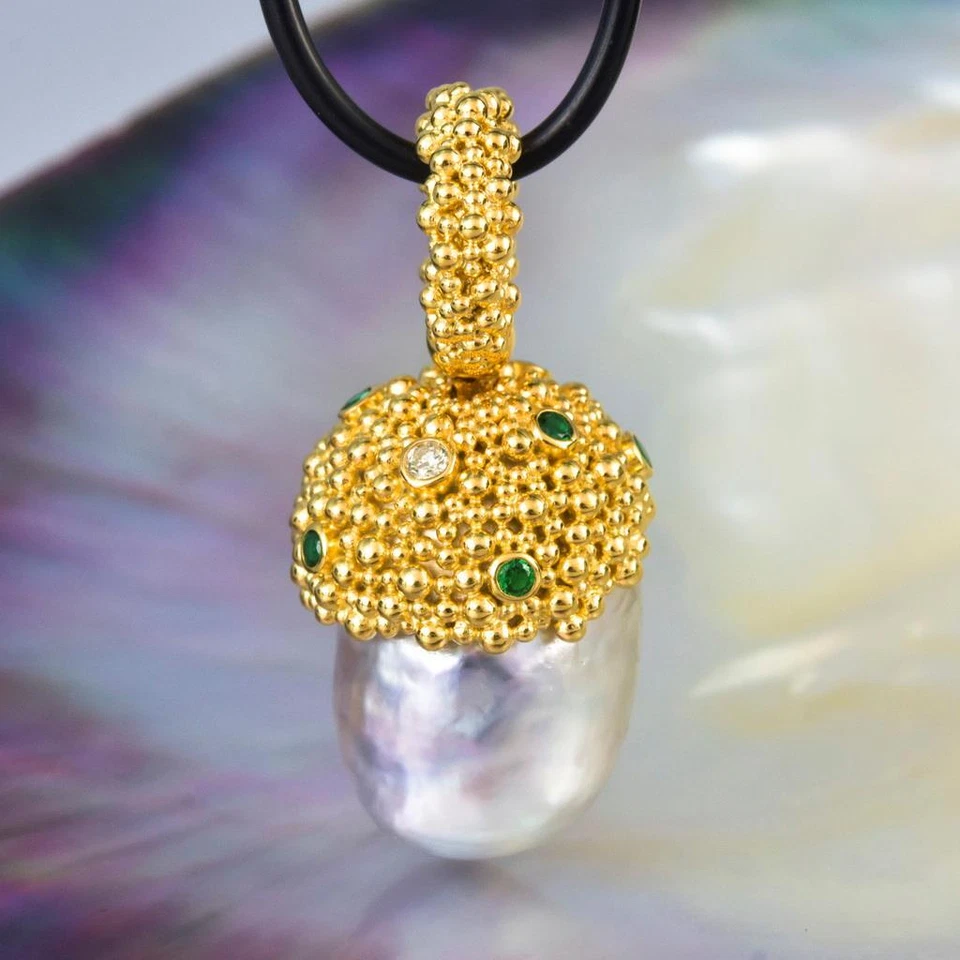 Gigantische South Sea Pearl Pendant Gold Vermeil Sterling, Diamant Smaragd - Bild 2 von 4
