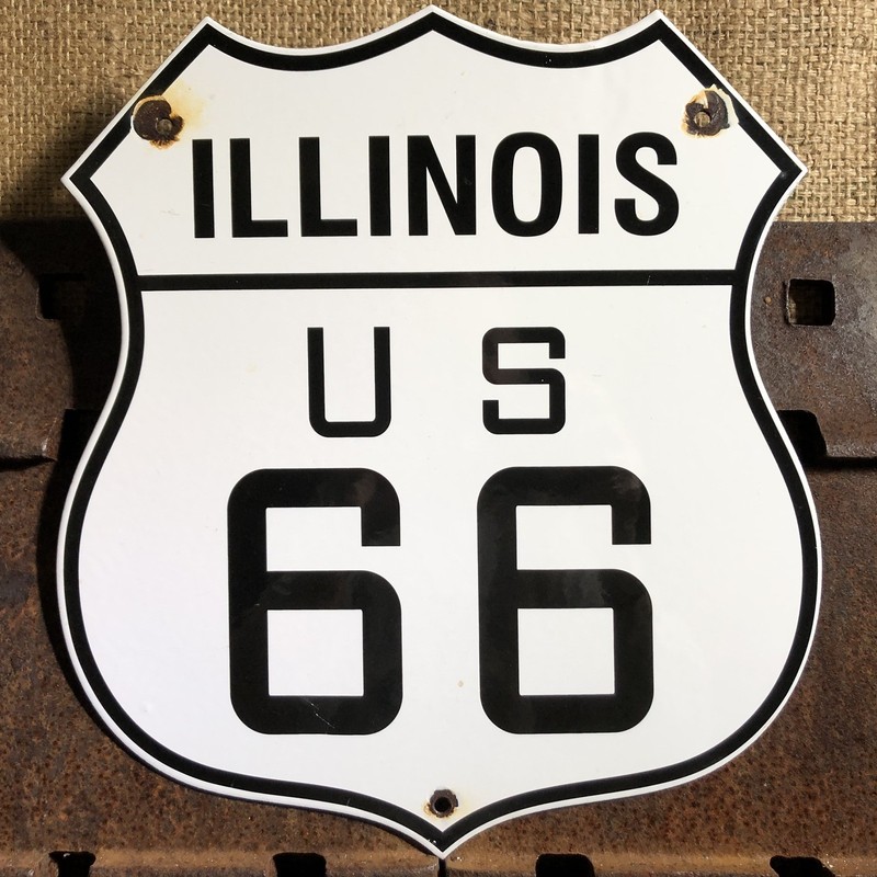VINTAGE STATE OF ILLINOIS U.S. US ROUTE 66 HIGHWAY ROAD 13” PORCELAIN SIGN