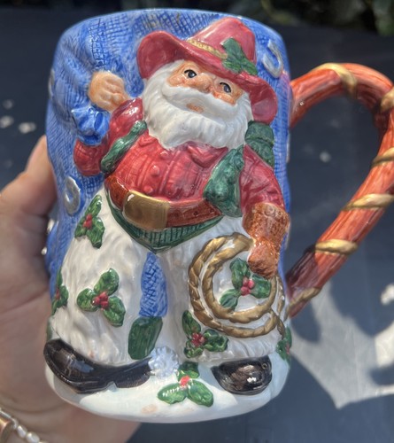 "Taza OMNIBUS FITZ & FLOYD 1995 Toyland Western Horseshoe Cowboy Lariat Santa 5""" - Imagen 12 de 12