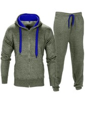Mens Tracksuit Full Sleeve Contrast Fleece Top & Bottom Cord Set Zipper Hood