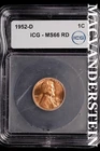 1952-D Lincoln Wheat Cent-ICG MS 66 RD Choice Gem BU No Reserve #SLL946
