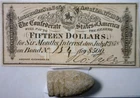 1864 CONFEDERATE $15 Intrst Note PLUS a Civil War UNused never fired BULLET NR