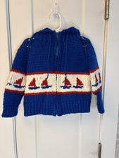 Vintage 60s Cowichan Hand-knit Kids Sweater Hooded Nautical Zipper Sailboat Prep