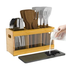 Utensil Holder for Kitchen Counter, Bamboo Cutlery Holder with 6 Compartments...