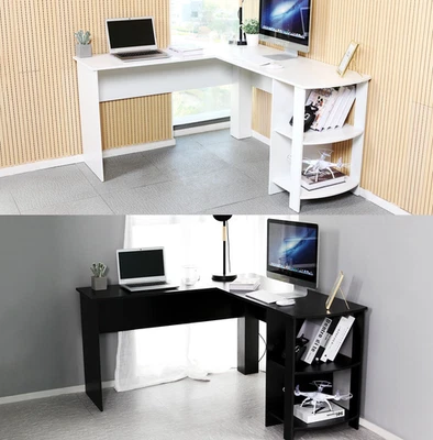 Mondeer Corner Office desk w/ Shelves L-shaped Computer Desk PC Table 130*140cm