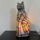 Vtg Tiffany Style Stained Glass Table Light/Night Light. Cream Color Cat 13.5”