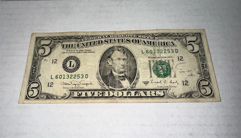 1988 $5 Dollar Bill Federal Reserve L60132253D Circulated San Francisco Cali - Image 2 of 4