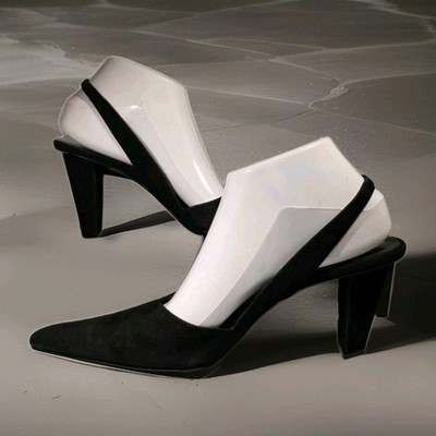 Vintage Robert Clergerie Sz 9 Black Suede Slingback Pumps Triangle Heel 