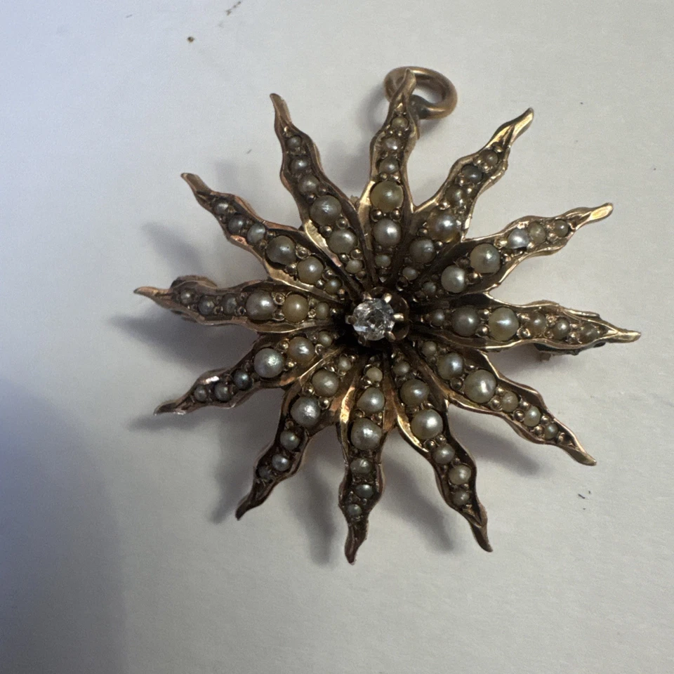 Broche colgante victoriano de oro de 14 quilates y diamantes Sunburst Foto 2 de 4