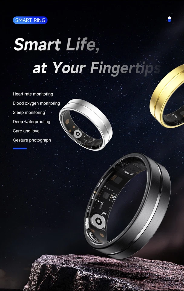 Smart Ring Fitness Tracker Heart Rate SPO2/BP Sleep Monitoring IP68 Waterproof - Image 3 of 4