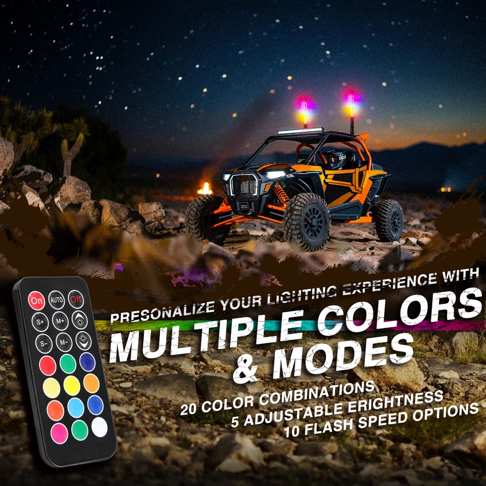 Pair 4ft RGB Spiral LED Whip Turn Signal Brake Light Antenna With Flag & Remote - Image 3 of 4