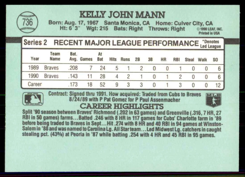1991 Donruss Kelly Mann Atlanta Braves #736 - Image 2 of 2