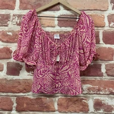 Sienna Sky Top Womens Large Purple Cream Abstract Leaf Ruffle Sleeve Blouse