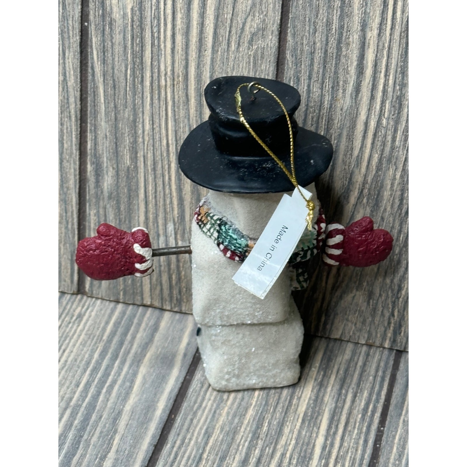 Vintage Snowman Ornament Square Cube Black Hat & Red Mittens 5" Tall