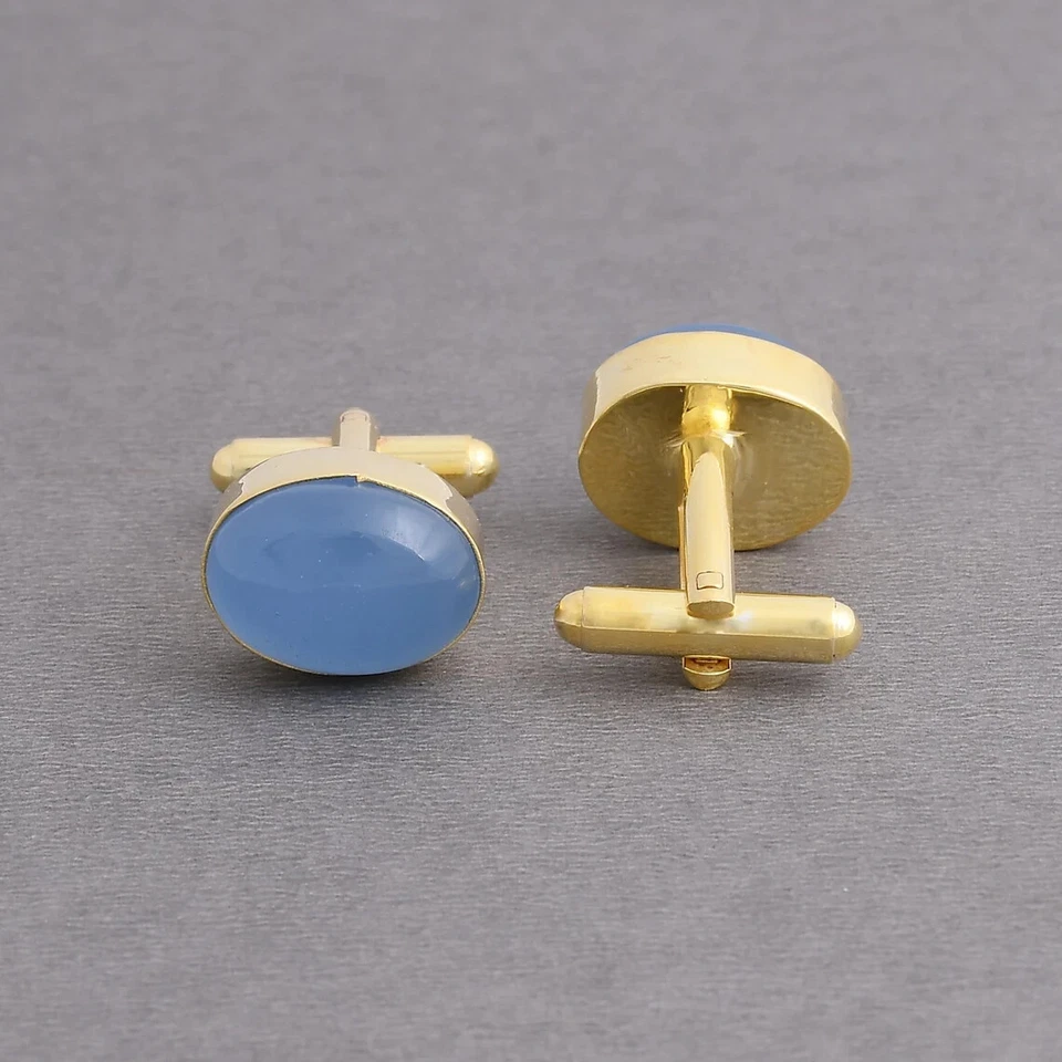 Blue Chalcedony Gemstone Gold Plated 925 Sterling Silver Cufflinks For Men's Foto 2 de 4