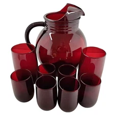 Vintage Anchor Hocking Royal Ruby Roly Poly Pitcher and 8 Tumblers 4 and 12 oz