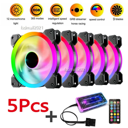5 Packs 120MM RGB LED Computer PC Case Cooling Fan Set Kit With Remote Control