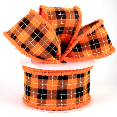Fall Plaid 2.5'' by 2 yd Orange Black Woven Chenille Edges Wired Ribbon Halloween