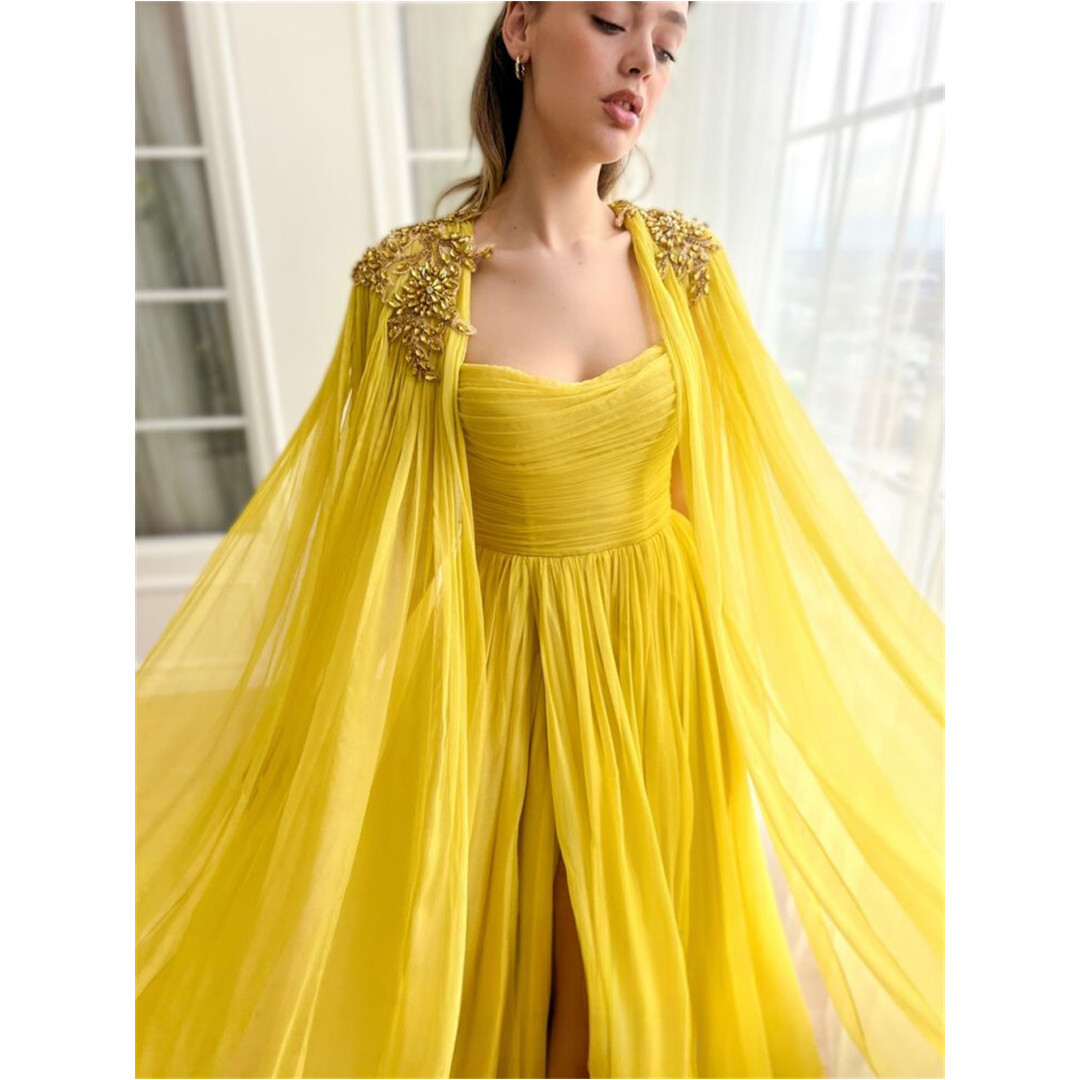 Cathy Yellow Tulle Prom Dresses Detachable Shawl A-line Sleeveless Side  Split