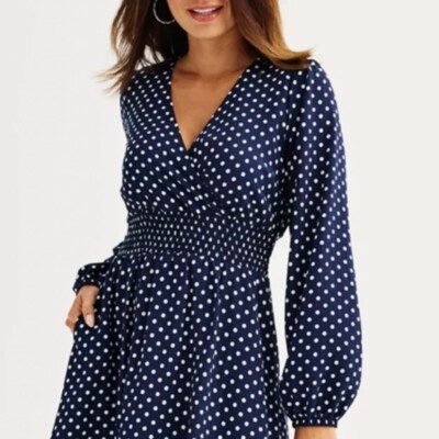 Draper James Women's Small Navy Polka Dots Long Sleeves Cinched Waist Dress NWT