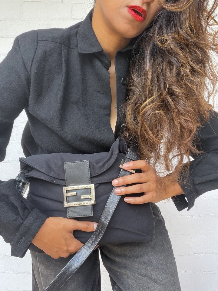 Fendi Black Canvas Shoulder Bag w/ Leather Strap Silver Hardware Magnetic