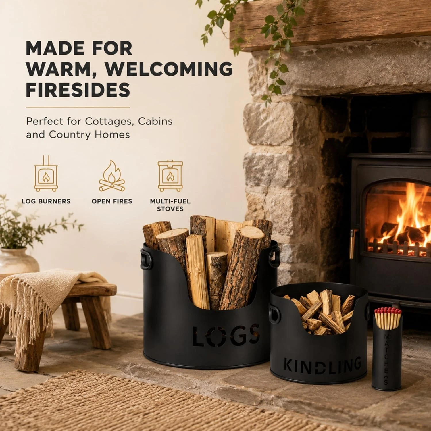 3PC Firewood Log Storage Bucket Set Kindling Match Holder Fireplace Accessories - Image 2