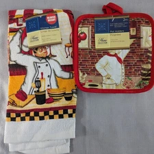 CHEF STYLE KITCHEN TOWEL WITH POT HOLDER SET RED WHITE 