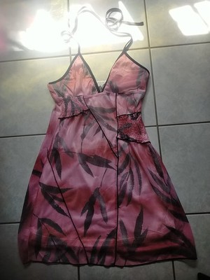 SHEIN Minikleid Rosa mit Blätter, Dezent Silber V-Ausschnitt ärmellos Gr. M