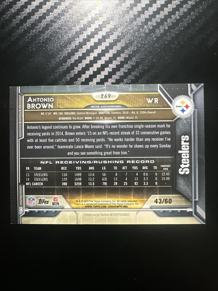 2015 Topps - All Pro Antonio Brown #269 60th Anniversary Red /60 (C1) - Image 2 of 2