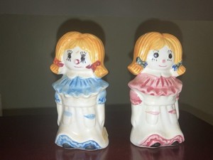 Vintage Ceramic Girl Figurine Salt & Pepper Shakers Set, White Blue Pink, 2pc