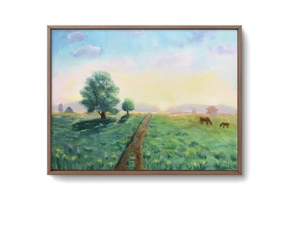 12 × 16 Original Oil Painting 30x40 cm - Sunrise Meadow with Horses