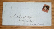 GB QV 1841 1d red Imperf FL on cover. Birmingham 75 cancel 1853 Ludlow address