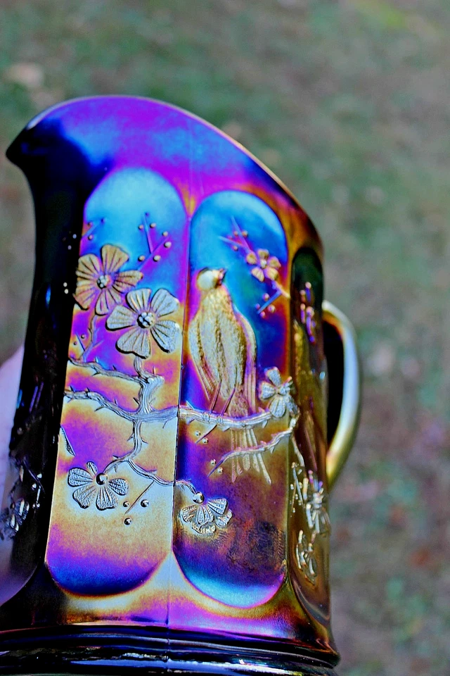 ANTIQUE NORTHWOOD SINGING BIRDS CARNIVAL GLASS PITCHER - AMETHYST - Image 2 of 4
